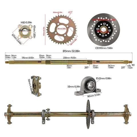 32 Inch Rear Axle Kit With Brake Caliper Sprocket Hub Pro Grade Racing Wheels And Rain Tires for Go Karts, ATVs, Drift Trikes