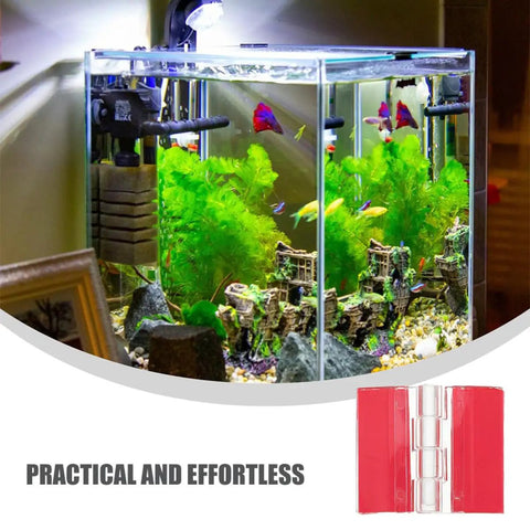 Six Pack Acrylic Self Adhesive Cabinet Door Folding Hinges For DIY Projects, clear hinges next to a decorative fish tank
