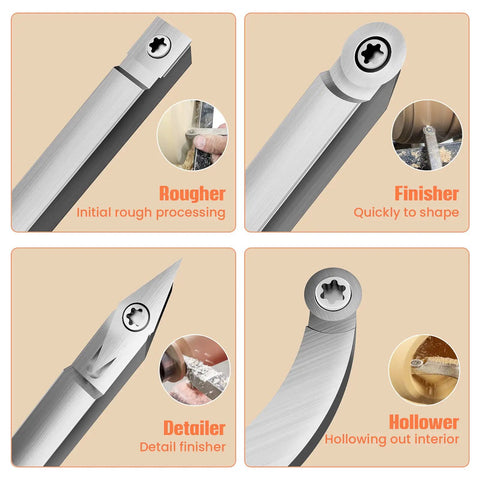 Carbide Tipped Wood Turning Tool Set with Extendable Shafts, showcasing rougher, finisher, detailer, and hollowing tools.