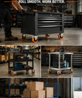 Heavy Duty Beefy Caster Wheels Set Of Four Locking Casters With Dual Ball Bearings, shown on tool carts and storage racks.