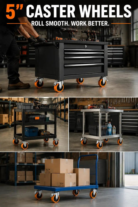 Heavy Duty Beefy Caster Wheels Set Of Four Locking Casters With Dual Ball Bearings, shown on tool carts and storage racks.