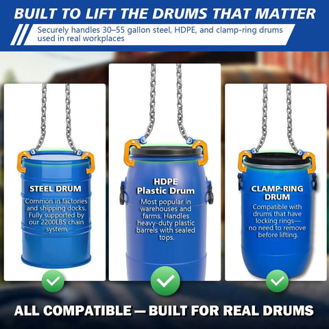 Heavy Duty One Ton Drum Lifter Clamp With G80 Chains For Steel And Plastic Barrels. Lifting steel, HDPE, and clamp-ring drums.