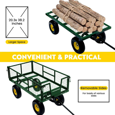 Beefy 900 Lbs Heavy Duty Garden Cart Wagon With Removable Mesh Sides That Convert Into Flatbed 240 Degree U Turn 10 Inch Pneumatic Tires