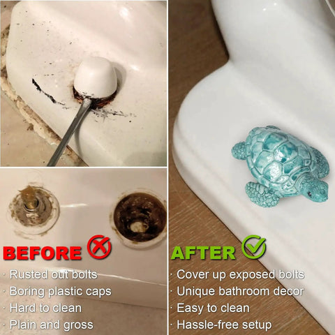 Before and after of toilet bolts with Chic Cute Turtle Toilet Bolt Covers 2 Pack For Bottom Of Toilet Coastal Beach House Bathroom Decor Easy Install Screw Cap Covers Sea Turtle Style Fun To Install Durable No Tools Required installed.