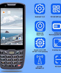 Front view of Android 13.0 2D Barcode Scanner PDA Handheld POS Terminal Data Collector with icons, 4-inch screen, and keys.