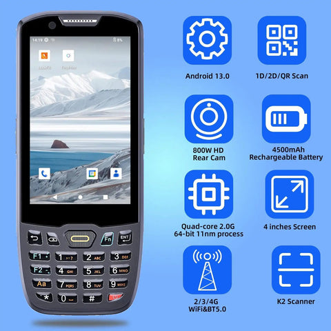Front view of Android 13.0 2D Barcode Scanner PDA Handheld POS Terminal Data Collector with icons, 4-inch screen, and keys.