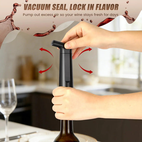 Wine Saver Vacuum Pump With 4 Reusable Stoppers being used on a wine bottle in a kitchen setting.