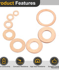 Rock Solid M26 Copper Flat Washers, 8 Piece Pack Featuring 32mm Outside Diameter And 2mm Thickness, arranged showcasing sizes.