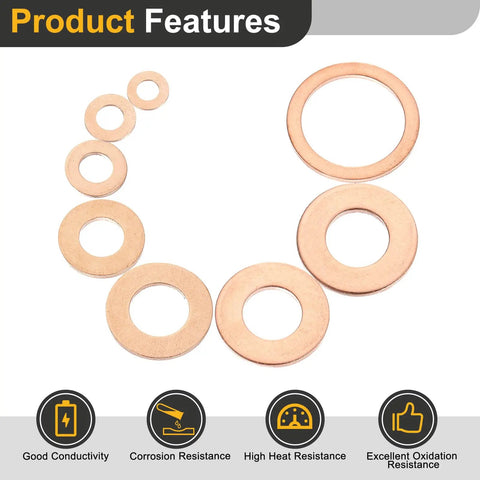 Rock Solid M26 Copper Flat Washers, 8 Piece Pack Featuring 32mm Outside Diameter And 2mm Thickness, arranged showcasing sizes.