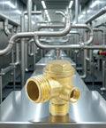 Heavy Duty 3 Port Brass Air Compressor Check Valve For Garage And Workshop Use Tough As Nails Pneumatic Replacement Part with clear piping background.