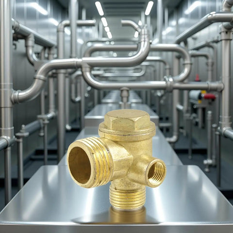 Heavy Duty 3 Port Brass Air Compressor Check Valve For Garage And Workshop Use Tough As Nails Pneumatic Replacement Part with clear piping background.