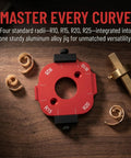 Slick 4 In 1 Wood Router Corner Radius Jig Template Set For Effortless Arc Positioning And Smooth Edge Routing Layout No Mess Marking Stencils With R10 To R25 Multi Sizes Knockout Cabinet Workshop Gear on wooden surface showing radii measurements.