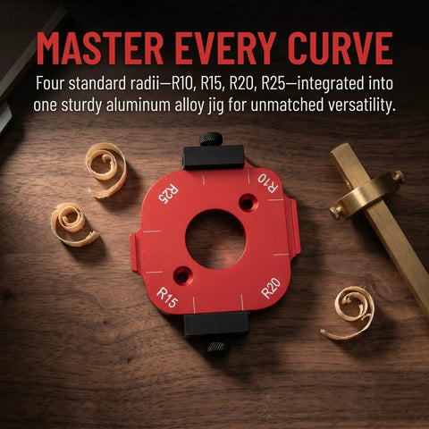 Slick 4 In 1 Wood Router Corner Radius Jig Template Set For Effortless Arc Positioning And Smooth Edge Routing Layout No Mess Marking Stencils With R10 To R25 Multi Sizes Knockout Cabinet Workshop Gear on wooden surface showing radii measurements.
