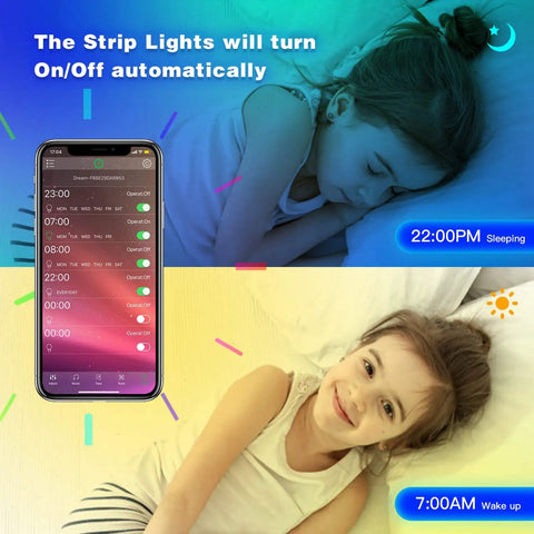 Child sleeping with 65.6Ft Led Strip Lights For Bedroom With App Control And Music Sync, showing app interface for automated schedule.