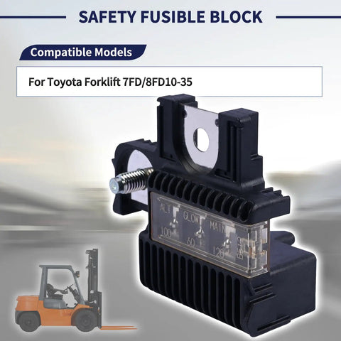Premium Safety Fusible Block For Toyota Forklift 7FD 8FD10-35 Series showing bolt mount and fuse labels for easy installation.