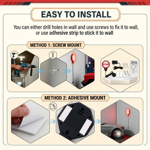 Installation guide for Upgraded LED Garage Parking Sensor Featuring Adjustable Red Yellow Green Warning Lights And Dual Power Car Stop Indicator.