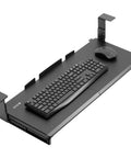 Large Height Adjustable Under Desk Keyboard Tray With Straight Up Smooth Glide Slide Out Platform Zero Hassle Ergonomic Typing Setup Rich Matte Black Computer Drawer with keyboard and mouse.