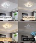 Five Leaf LED Ceiling Light in living room showing white, neutral, warm light effects, remote control, 23.6" size fixture