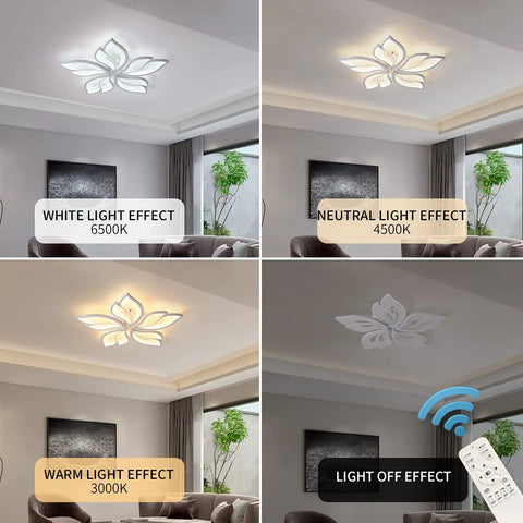 Five Leaf LED Ceiling Light in living room showing white, neutral, warm light effects, remote control, 23.6" size fixture