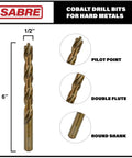 1/2 Inch Cobalt Drill Bit Set, 5 Pc Heavy Duty Bits For Steel, Hard Metal, Cast Iron shown with pilot point, double flute, and round shank