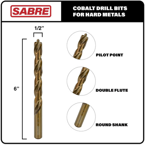1/2 Inch Cobalt Drill Bit Set, 5 Pc Heavy Duty Bits For Steel, Hard Metal, Cast Iron shown with pilot point, double flute, and round shank