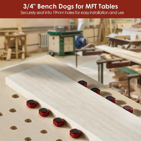 Top Shelf Workhorse Bench Dog Clamps In Twelve Pack Size For Mft Table Systems Featuring Non Slip Grips and Standard Three Quarter Inch Slots for woodworking assembly on workbench.