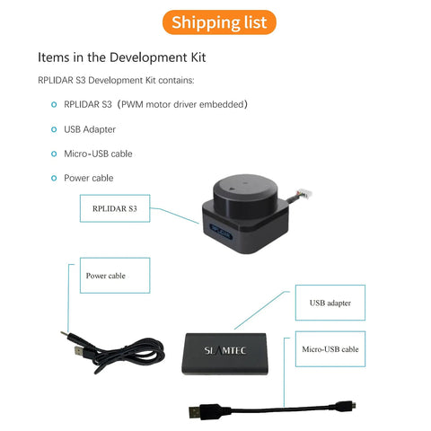 RPLIDAR S3 2D Lidar Sensor with 360 Degree Scan and 40m Range IP65, with USB adapter, Micro-USB cable, and power cable.