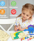 Fun Wooden Dinosaur Craft Kit For Kids Aged 4 To 8 3D DIY Painting Set with child painting dinosaur figure at table with paint and brushes
