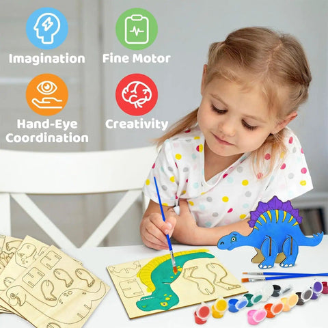 Fun Wooden Dinosaur Craft Kit For Kids Aged 4 To 8 3D DIY Painting Set with child painting dinosaur figure at table with paint and brushes
