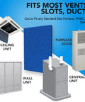 Reusable Air Filter 20x30x1 Cut To Fit Most Furnaces, AC And HVAC Vents, shown with ceiling, wall, central units, and furnace door.