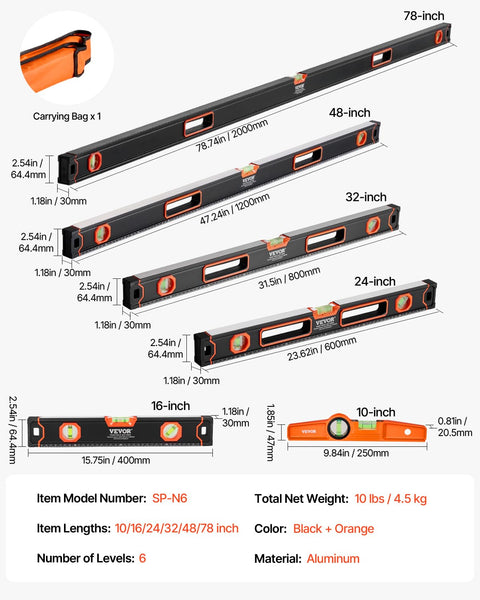 Rock Solid Six Piece Torpedo Level And Box Level Collection Features 10 To 78 Inch Sizes Battle Ready Aluminum Alloy Frame Precise Bubble Vials SAE Metric Edges Plus Magnetic Hold For Dead On Layouts