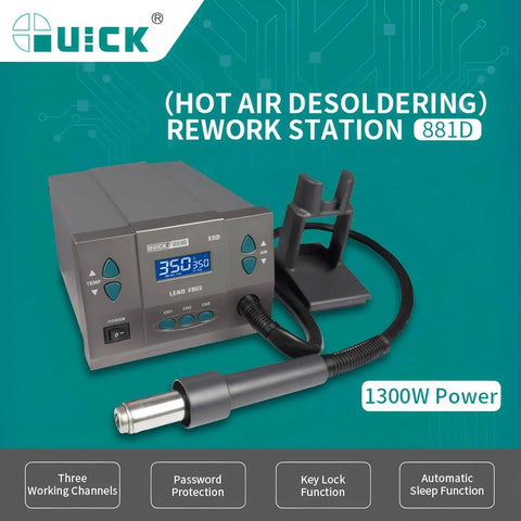 Pro Grade Hot Air Desoldering Station With Digital Display for chip and PCB SMD rework, showing digital panel and nozzle.