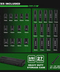 Go-To 27-Piece 3/8-Inch Drive Metric Impact Socket Set with labeled shallow and deep sockets in storage case