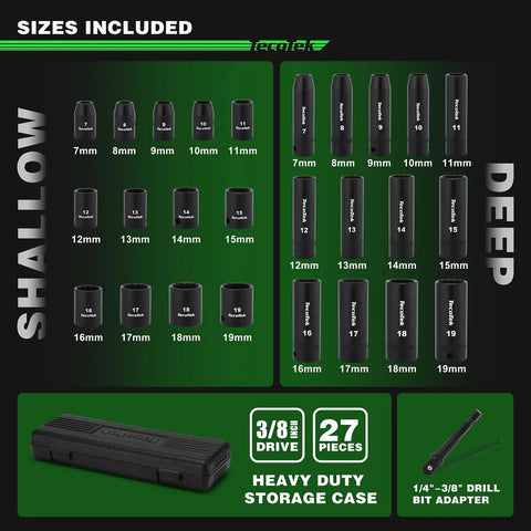 Go-To 27-Piece 3/8-Inch Drive Metric Impact Socket Set with labeled shallow and deep sockets in storage case