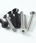 Flat head socket screws, 1/4-20 x 1-1/4 in, stainless steel with hex drive; silver and black finishes, seven screws visible