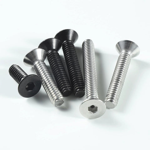 Flat head socket screws, 1/4-20 x 1-1/4 in, stainless steel with hex drive; silver and black finishes, seven screws visible