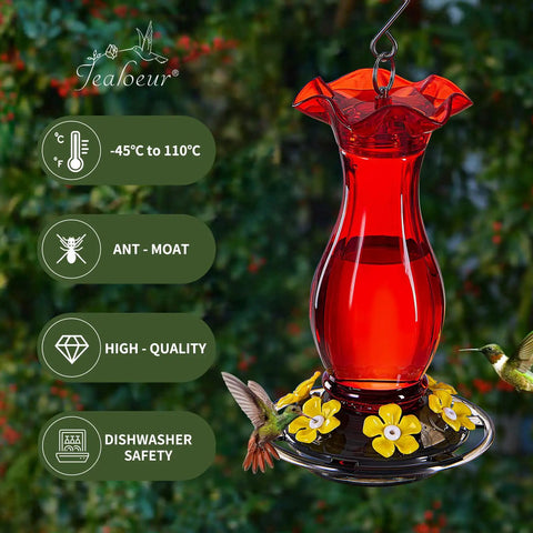 Outdoor Hummingbird Feeder 18 Oz With 6 Bee Guard Ports Built In Ant Moat Easy To Clean Durable Unbreakable Material 360 Degree Viewing Hanging Bird Feeder For Garden Decor Red