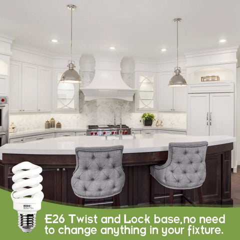 Soft White 2700K E26 Spiral CFL Light Bulbs 13W 60W Equivalent, 1040 Lumens, kitchen lighting setup, 3 Pack for home use