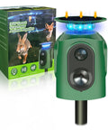 Solar Ultrasonic Animal Repeller With 360 Degree Detection And Motion Sensor IP65 Waterproof Outdoor Yard Guard, green stake-mounted unit with box