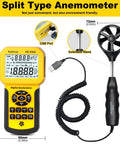 Pro Grade HVAC Anemometer With USB Data Storage And PC Connect All In One Air Flow Tester displayed with wand and USB port features.