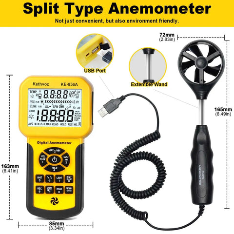 Pro Grade HVAC Anemometer With USB Data Storage And PC Connect All In One Air Flow Tester displayed with wand and USB port features.