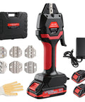 Heavy Duty Wireless Crimping Tool Kit With Seven Quick Swap Dies, 21 Volt Rechargeable Battery And Charger displayed with dies and accessories.