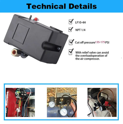 Heavy Duty Air Compressor Pressure Switch 135 175 Psi Four Port 26 Amp With Unloader Valve Six Point Three Millimeter Connection