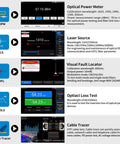Features and interface of OTDR Optical Fiber Tester 1310nm And 1550nm With 28 And 26 dB Dynamic Range for cable testing.
