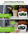 Automatic Plant Waterer For Indoor And Outdoor Pots Easy Setup Drip Irrigation System Battery Powered IP54 Waterproof Adjustable Water Output Fits 10 To 15 Plants Beginner Friendly No Fuss with auto and manual modes display.
