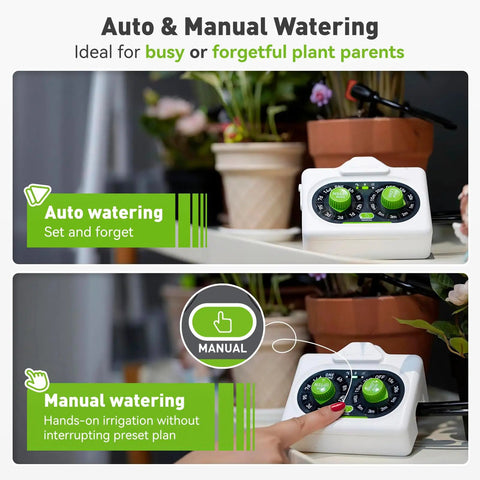 Automatic Plant Waterer For Indoor And Outdoor Pots Easy Setup Drip Irrigation System Battery Powered IP54 Waterproof Adjustable Water Output Fits 10 To 15 Plants Beginner Friendly No Fuss with auto and manual modes display.