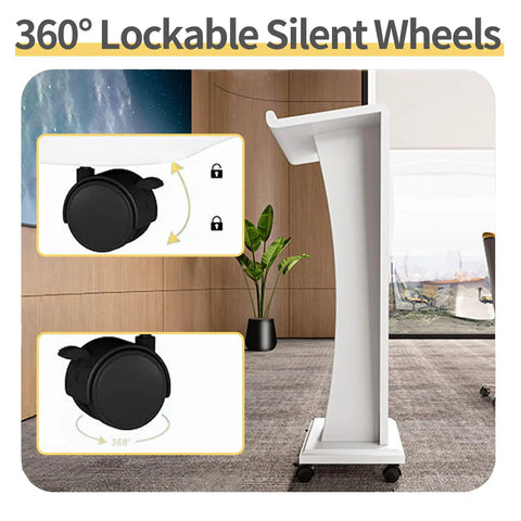 360° lockable silent wheels for a mobile lectern in a modern office setting, featuring easy maneuverability.