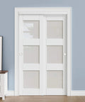Installed paintable sliding closet doors 48x80 bypass panels with hardware kit, 3 lite frosted glass slab, shaker style