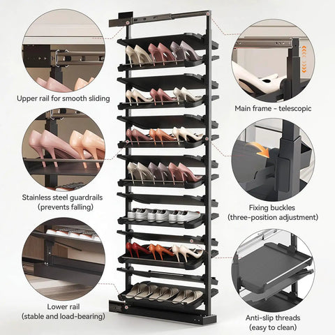 Heavy Duty Vertical Pull Out Shoe Rack With Slick Glide Sliding Trays For Hassle Free Casual Kick Keeper Setup And Clutter Free Closet Organized Smart Home Upgrade, showing adjustable stainless steel components and sleek shoe storage.