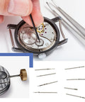 162 Piece Watch Repair Kit With Copper Stainless Steel Crowns And Stem Extenders shown with watch components